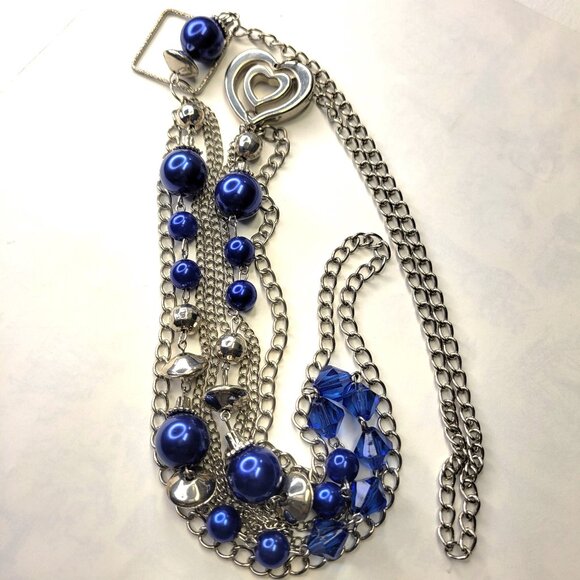 Multistrand Blue Silver Long Necklace - Picture 1 of 9